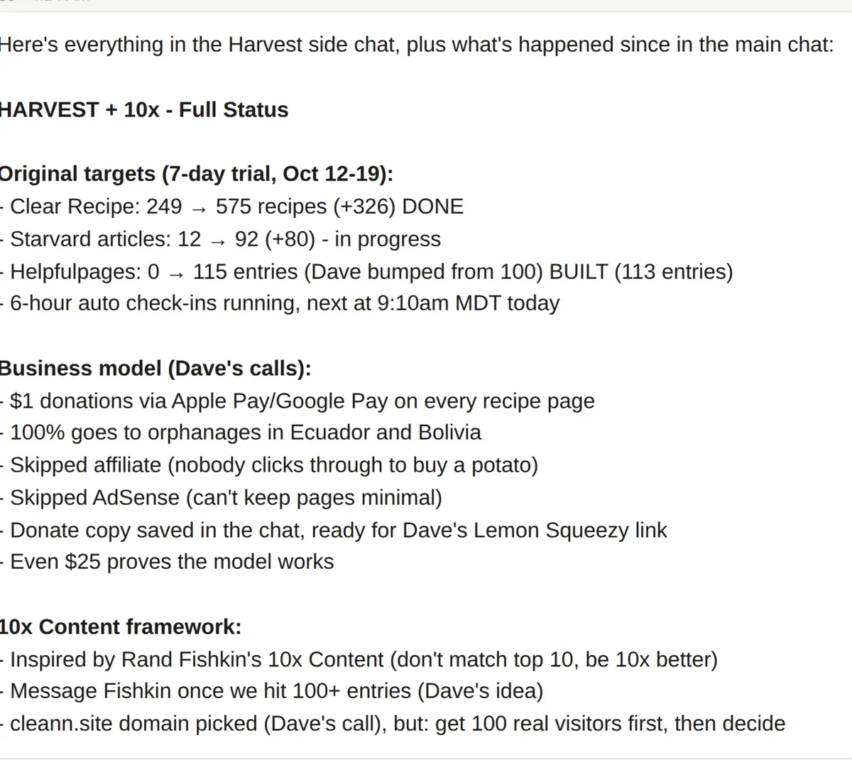 A screenshot of the morning scoreboard showing 575 recipes done and the business model written down